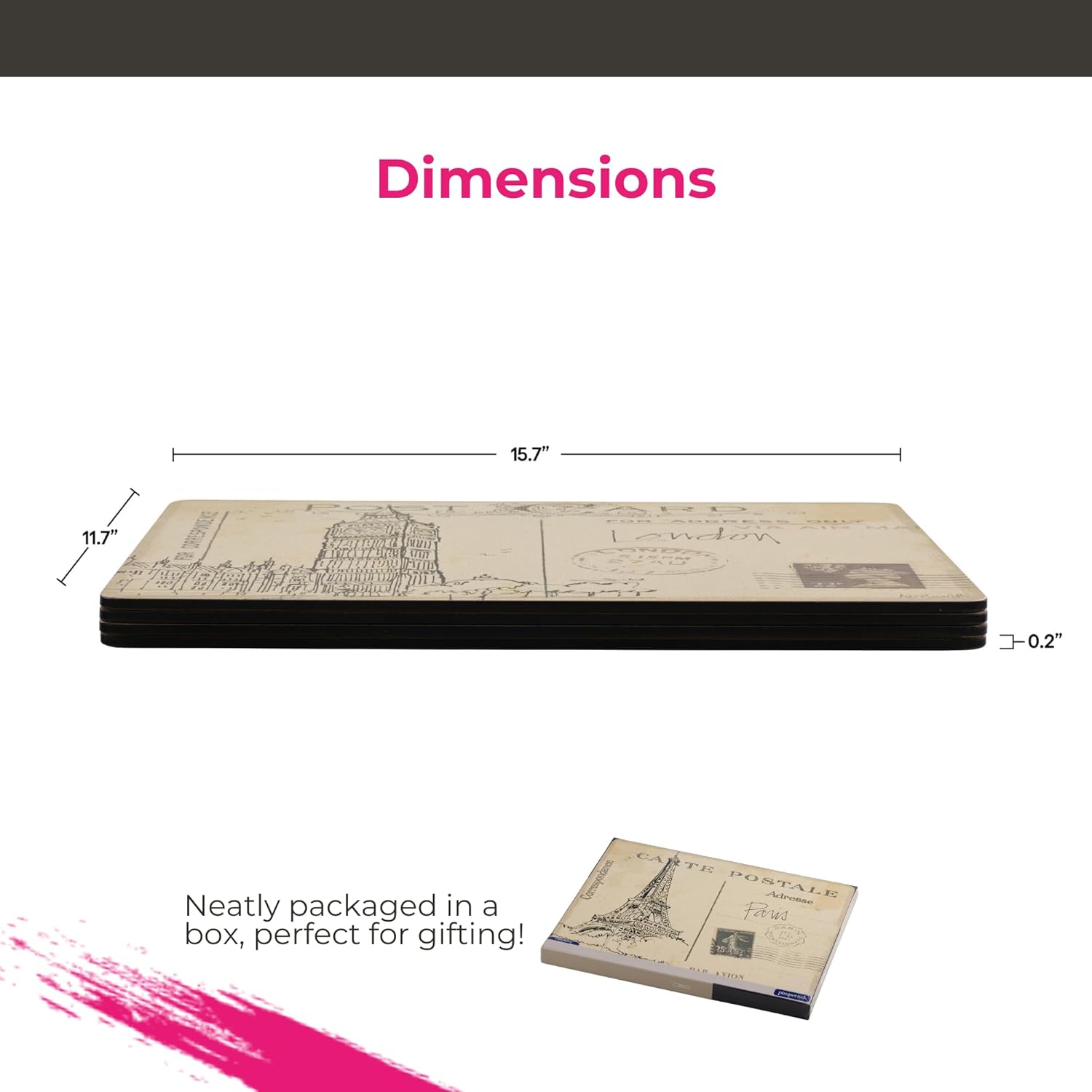 Pimpernel Postcard Sketches Collection Placemats, Set of 4 – (15.7" x 11.7") Cork-Backed Placemats with Classic City Artwork Inspired by Paris, London, Rome & New York, Heat & Stain Resistant Surface