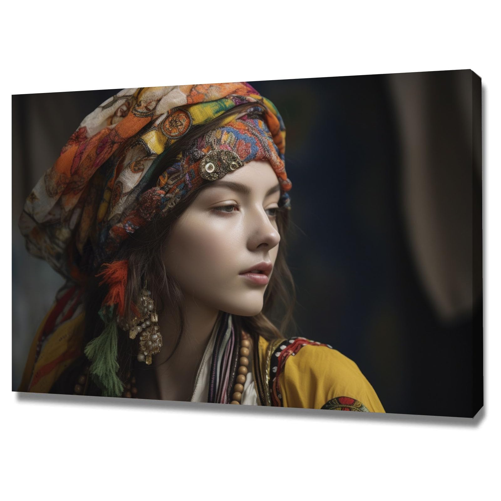 TERUEA Glamorous Art Deco Inspired Bohemian Woman With Colorful Headscarf And Jewelry Women Wall Art Canvas Artwork Canvas Art Home Decor Home Wall Decor(Multi)-60x90cm Framed