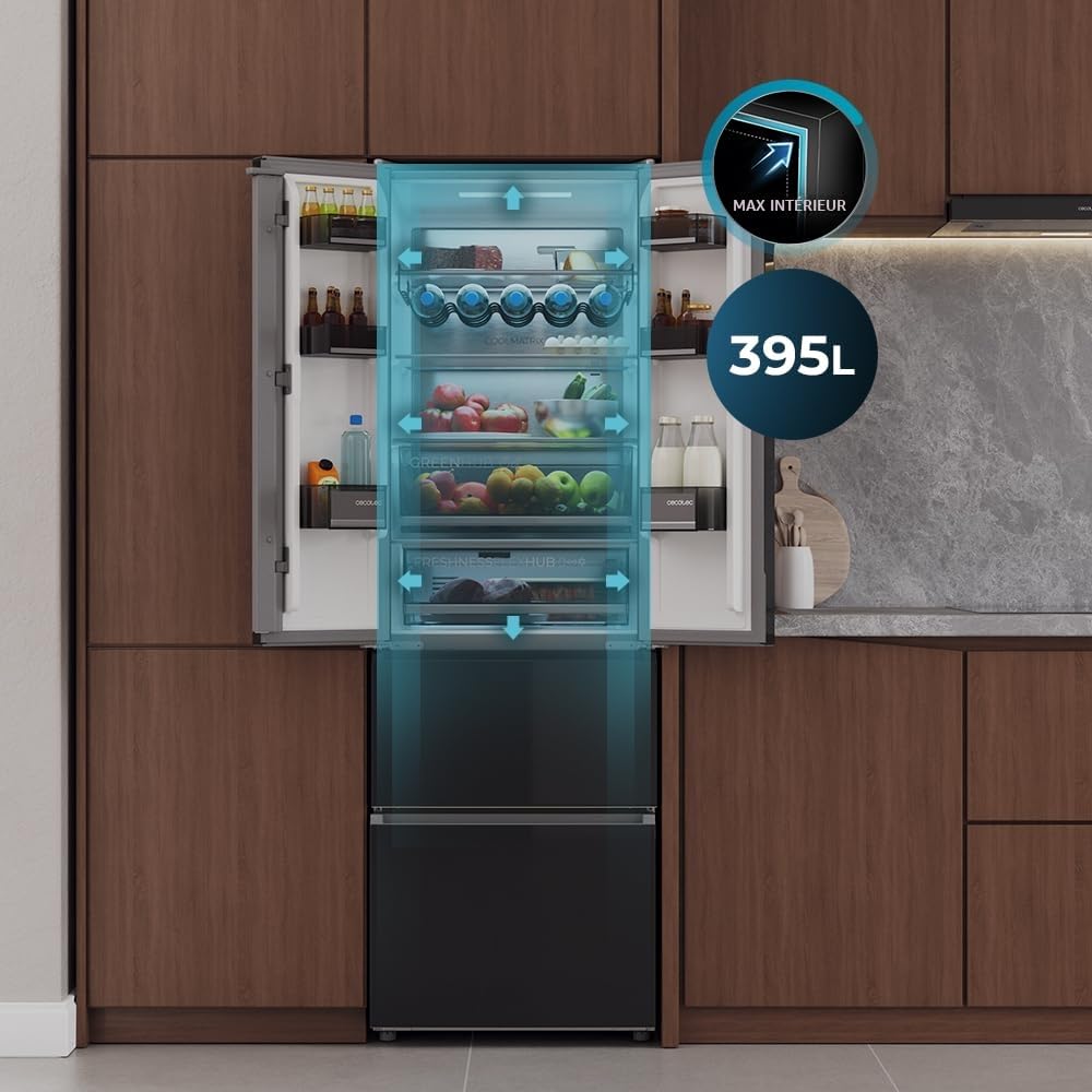 Cecotec Réfrigérateur Combi 395L Total No Frost Bolero CoolMarket Combi F2D 395 Black Glass E, 185cm x 59,5cm, Inverter Plus