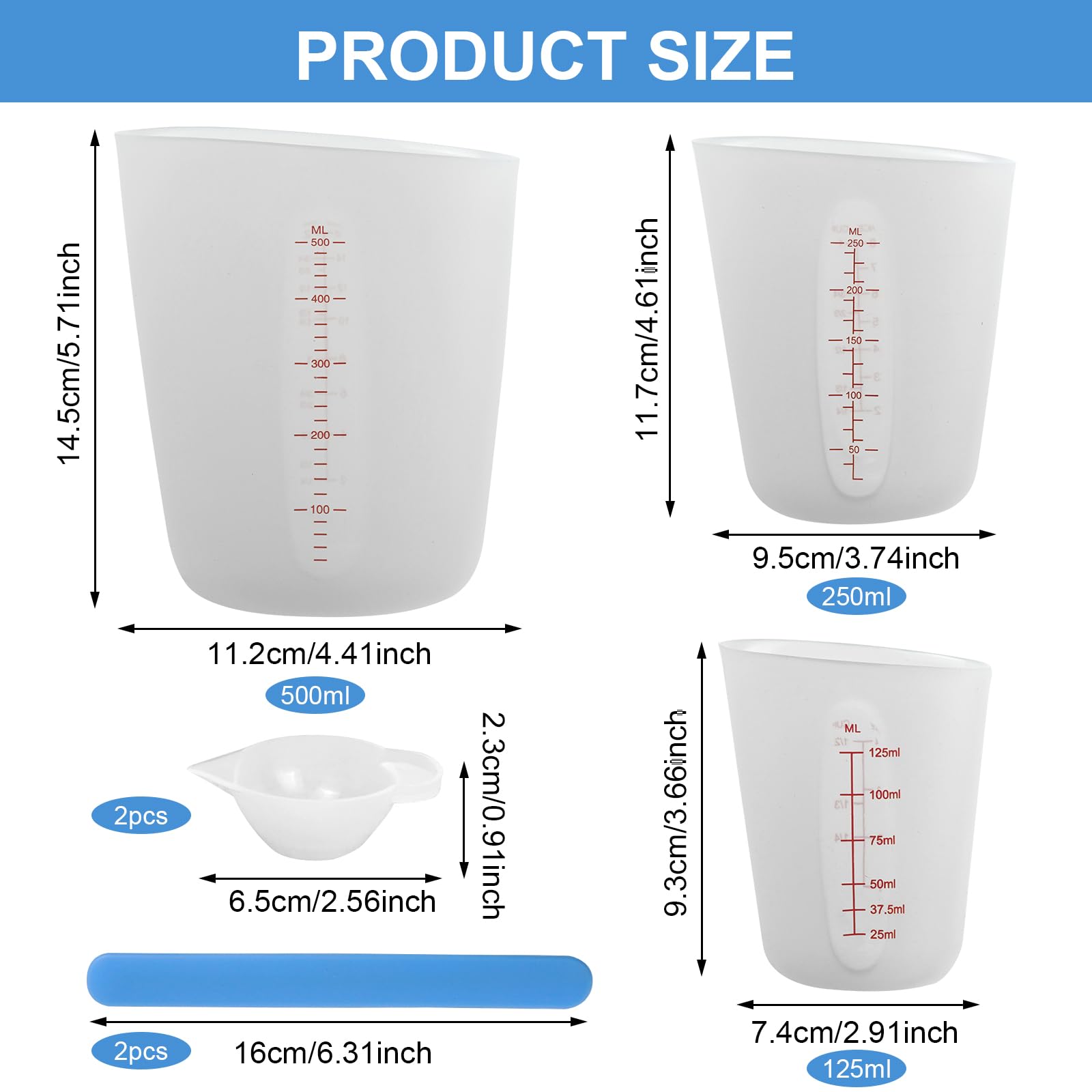 Silikonowe Kubki z Miarką 125/250/500 ml, Silikonowe Kubki do Odlewania z Przezroczystą Skalą, Kubki do Mieszania z Żywicy Epoksydowej z Silikonowym Prętem do Mieszania, Akcesoria do Samodzielnego