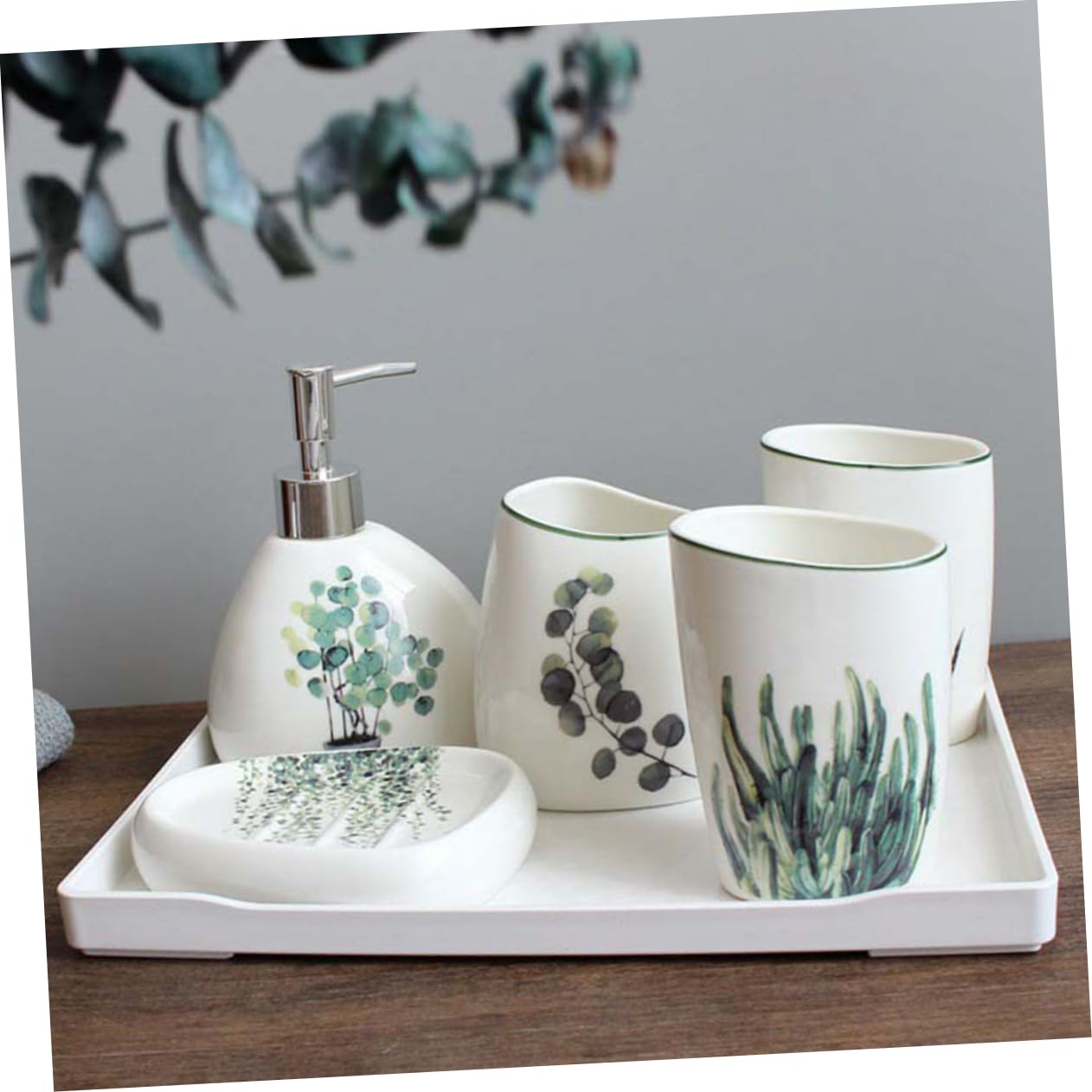 Juego de Accesorios de Baño de 5 Piezas Cerámico Jabonera Vaso para Cepillo de Dientes y Gárgaras Diseño Elegante Accesorio Compacto para Baño para Decorar y Organizar