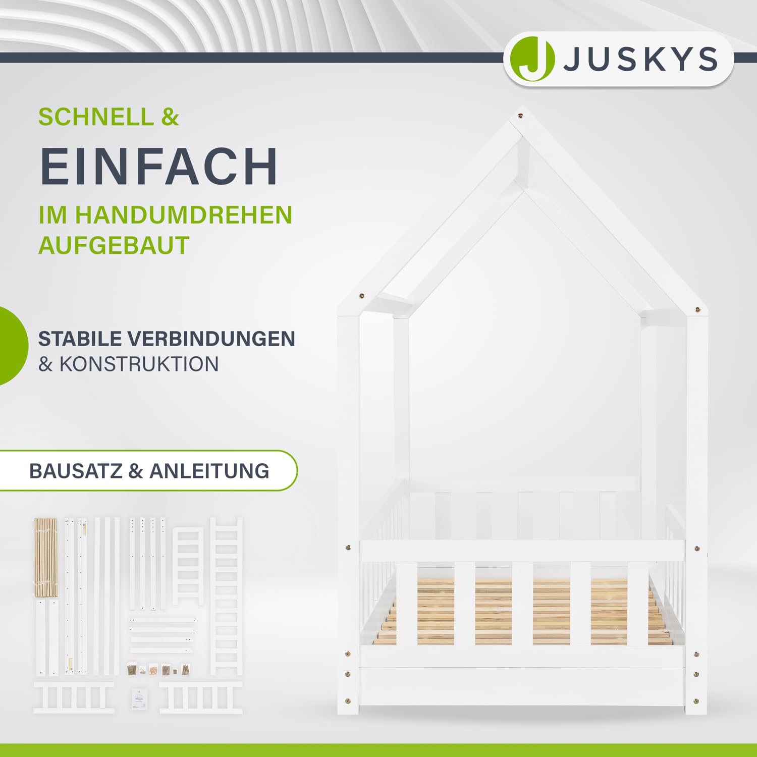 Juskys® Kinderbett Marli 80 x 160 cm mit Rausfallschutz, Lattenrost und Dach - Hausbett für Kinder aus Massivholz - Bett in Weiß