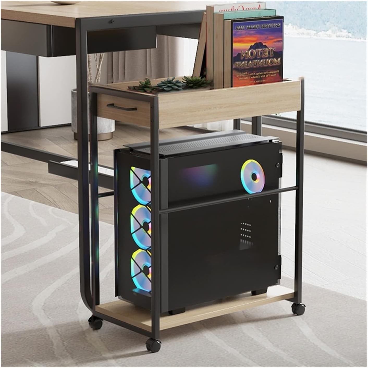 CPU Holder Stand 2-tier Desktop PC Tower Stand with Storage, Mobile PC Case Stand, Sturdy Steel Frame, Rolling CPU Stand Holder with Locking Wheels for Home Office Computer Tower Stand(Color:B)