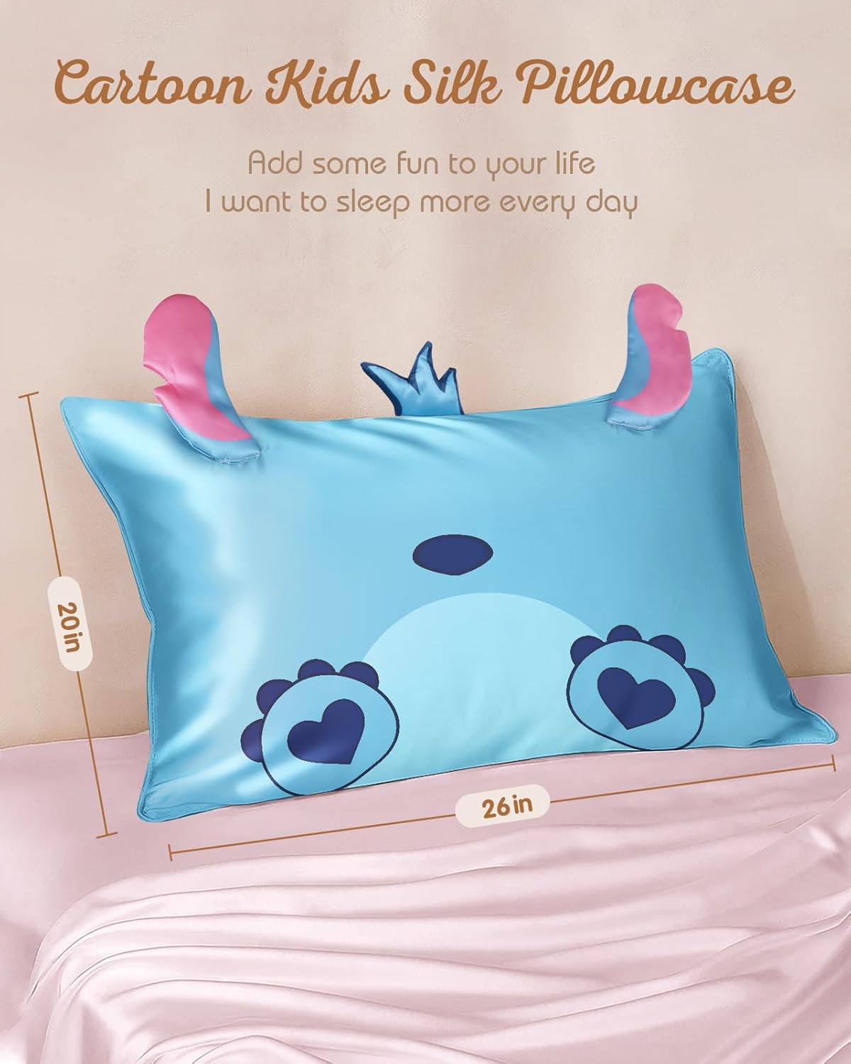Kids Pillowcases Standard Size 20"x26" - Cute Cartoon Soft Breathable Silk Pillow Cases for Hair and Skin with Hidden Zipper for Girls Fun Kawaii Design for Bedding, Heart Blue - Image 3