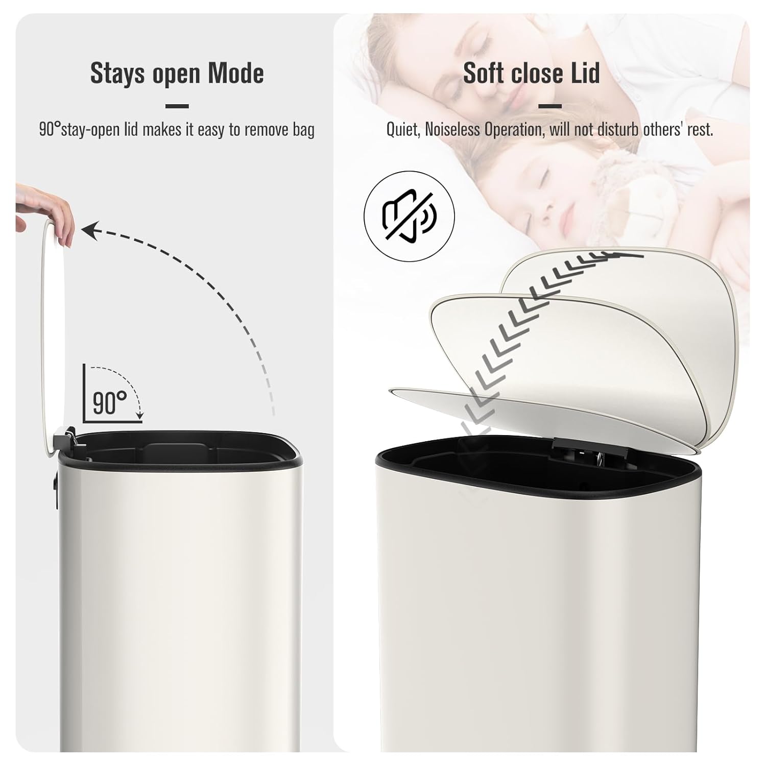 13 Gallon Stainless Steel Kitchen Trash Can, Metal Foot Pedal Trash Can with Lid Quiet Close, Oval Large Garbage Can with 30 Garbage Bags for Bathroom, Commercial, Home, Office - White