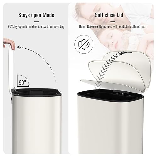 Miniatura 5 de Basurero de cocina de acero inoxidable de 13 galones, cubo de basura de metal con tapa de cierre silencioso, cubo de basura grande ovalado con 30