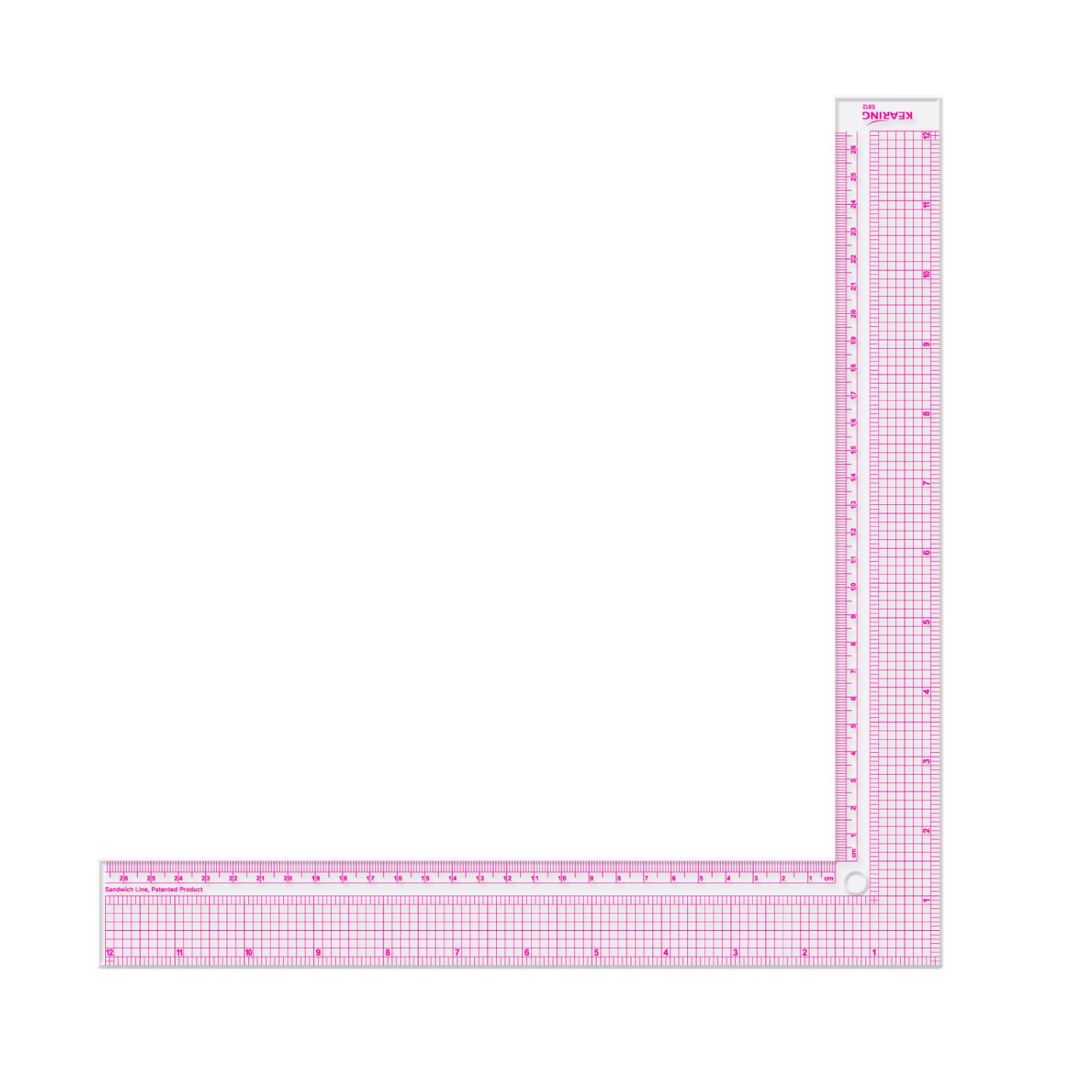 Kearing Pink 12 Inch Plastic L-Square Rule Clear Sewing Ruler For Pattern Making, Fabric Sewing Measuring Supplies