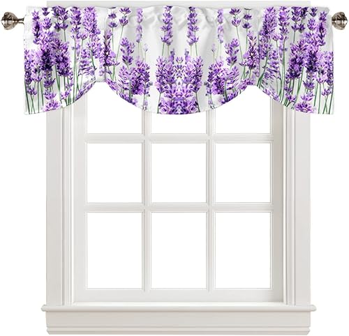 Miniatura 2 de Cenefa de amarre de lavanda púrpura pastoral para ventanas de cocina, cenefas florales de primavera de 42 x 12 pulgadas, 1 panel de cortinas cortas
