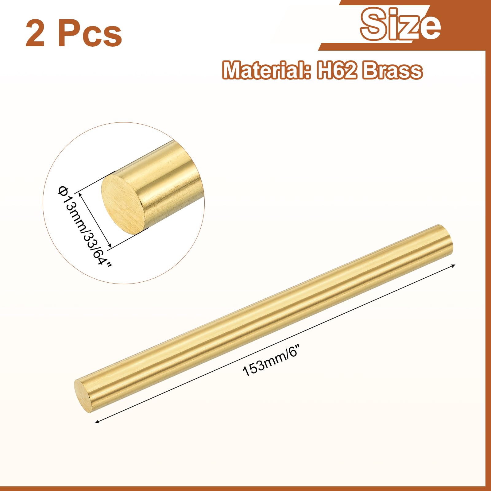 QUARKZMAN 2 Pcs 33/64"(13mm) Dia Tige Ronde Pleine 6"(153mm) Longueur | Barre H62 Laiton, Pour Tour Tige Ronde