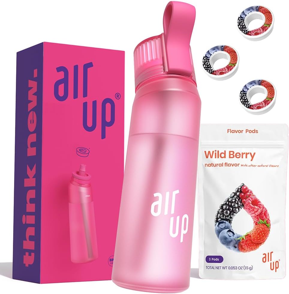 water bottle (22oz) Hot Pink + 3 Wild Berry air up pods | Sugar free air up flavor pods & Water bottles with straw | Flavored water bottle