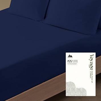 Mayfair Linen 100% Egyptian Cotton Queen Fitted Sheet Only - Luxury 600 Series Voyage Collection 16" Deep Pocket Cotton Fitted Sheet Queen Navy Blue, Soft, Cooling Sateen Weave Hotel Bottom Sheets