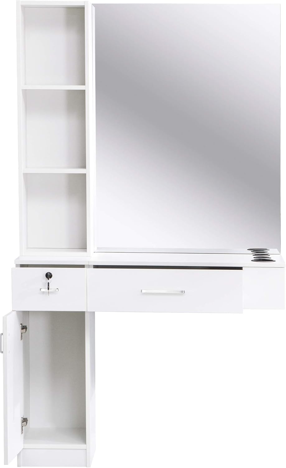 BarberPub Wall Mount Hair Styling Salon Station with Mirror Beauty Salon Spa Equipment Set with 3 Hair Dryer Holders 3036 (White)