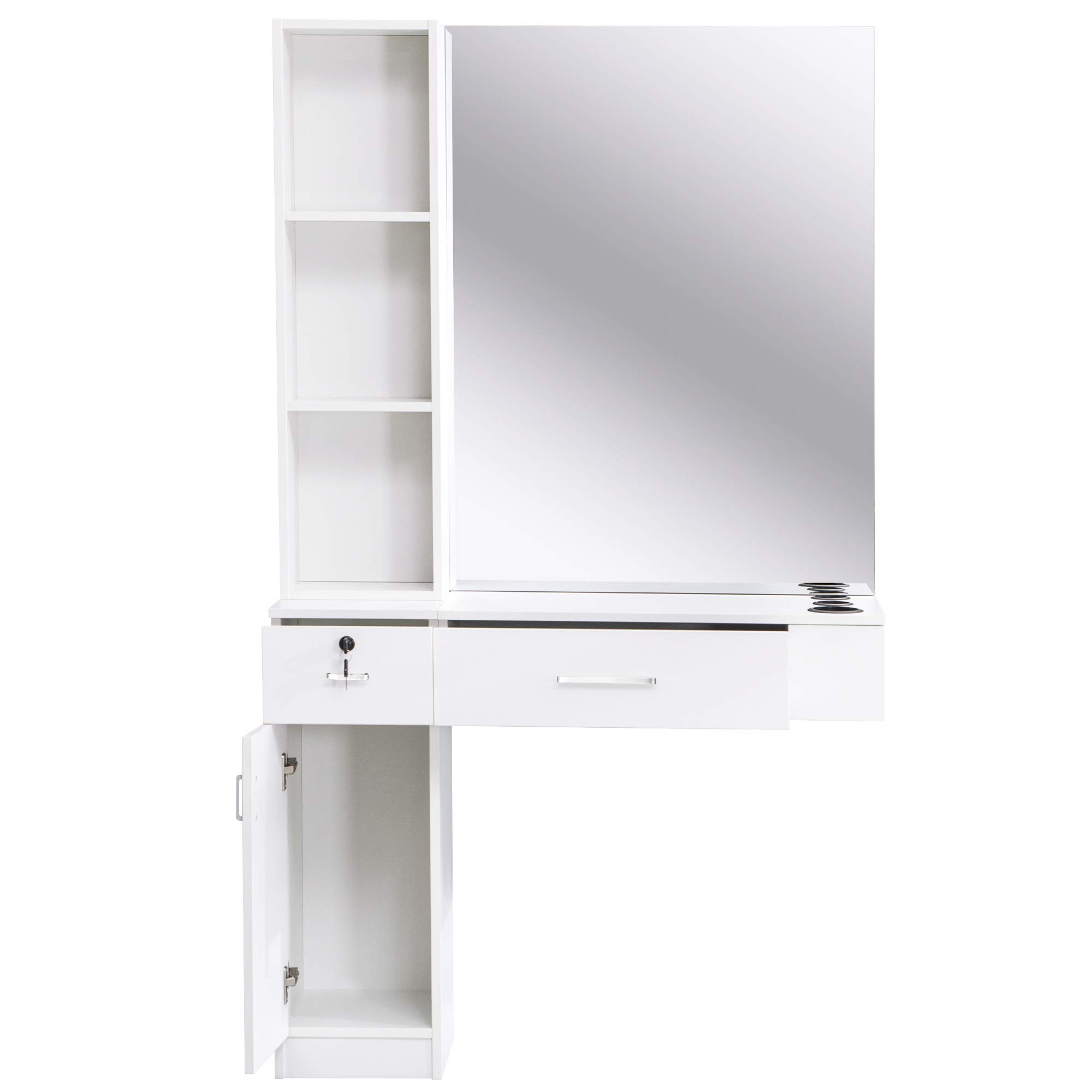 Barberpub Hairdressing Cabinet with Drawers and Mirror, 3 Shelves and Hair Dryer Holder, Wood, Mirror Cabinet, Multifunctional Cabinet, Modern, 3036 (Black