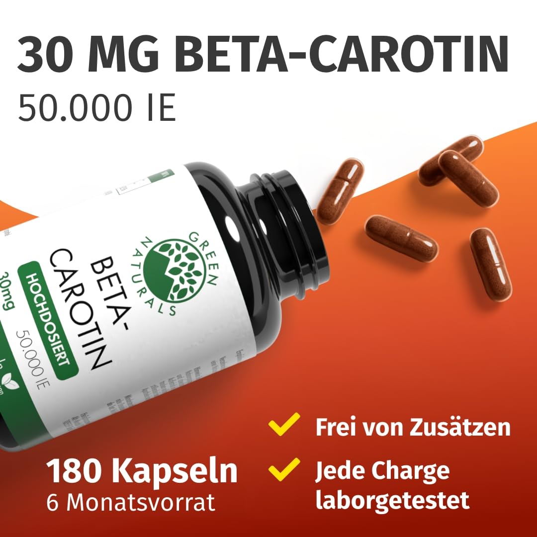 Green Naturals Beta-Carotin – Hochdosiert: 300 mg (50.000 IE) – 180 Kapseln | Aus Mikroalge Dunaliella salina · 6-Monatsvorrat