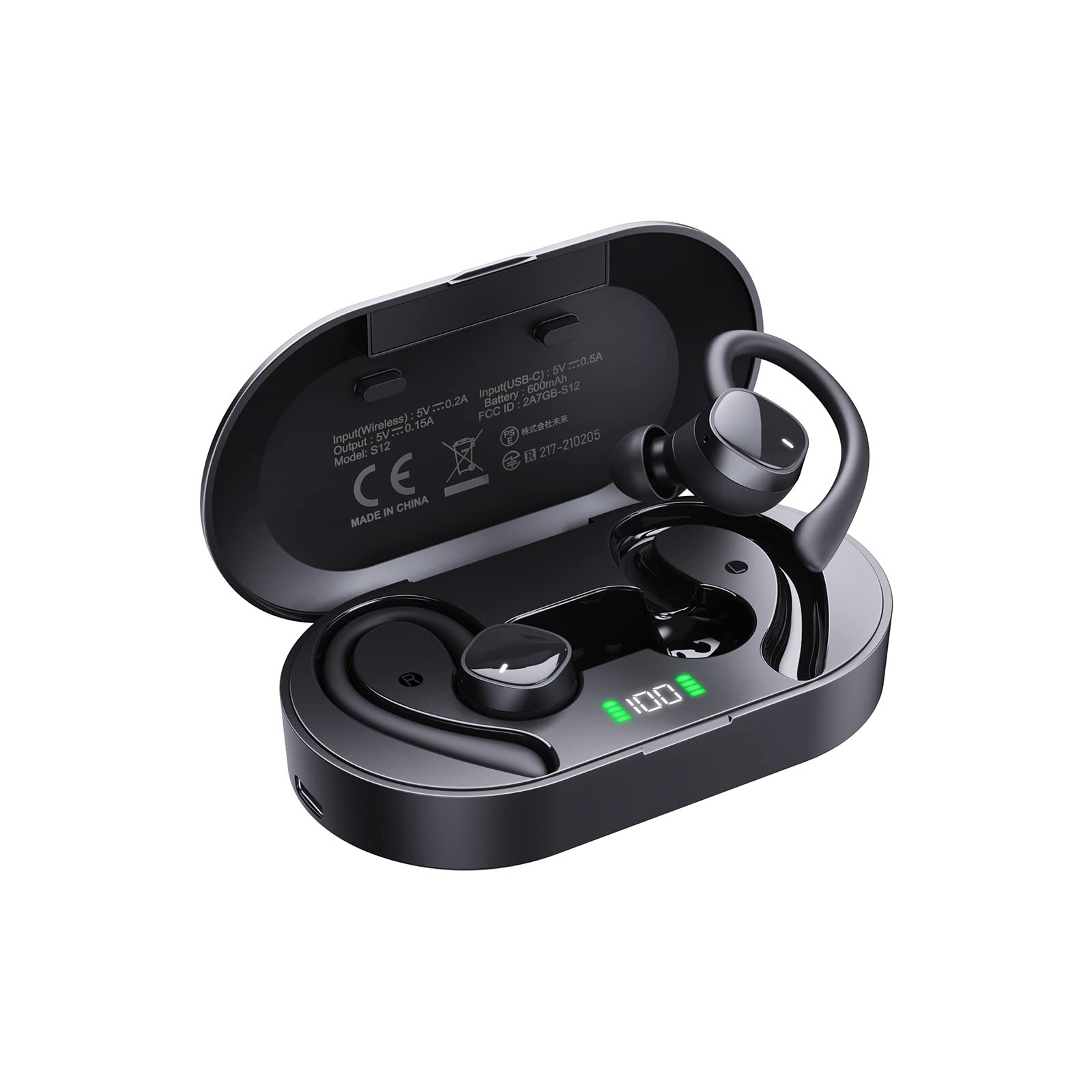 Wireless Earbuds Sports Bluetooth Headphones 4 Mic Noise Cancelling Earbuds 60H Playtime Dual LED Power Display Flexible Earhooks Clear Calls Earphones IPX7 Waterproof Headsets for Running, Gym