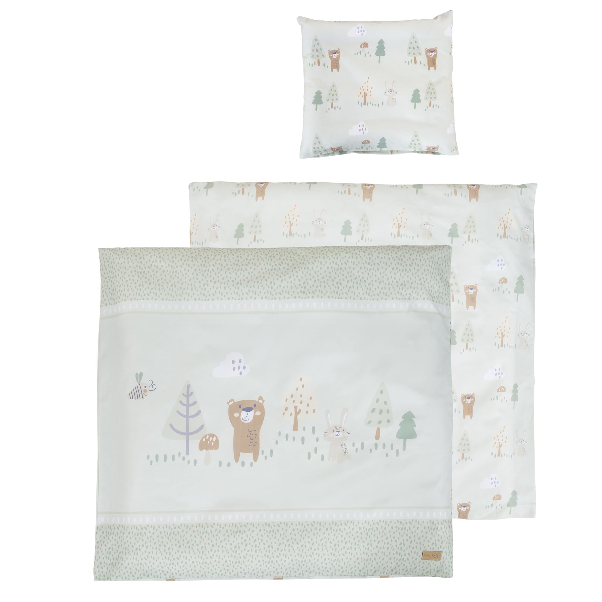 roba Biancheria per Culla Woodland Buddies - Piumino 80 x 80 cm + Federa 35 x 40 cm - Cotone Morbido - Verde Pastello con Orso, Coniglio & Ape