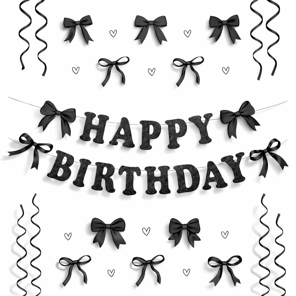 Black Birthday Decorations, Happy Birthday Banner, Decorative Bows & Hanging Swirls, Birthday Backdrop Decorations, Black Party Supplies for Girls, Boys, Women & Teens