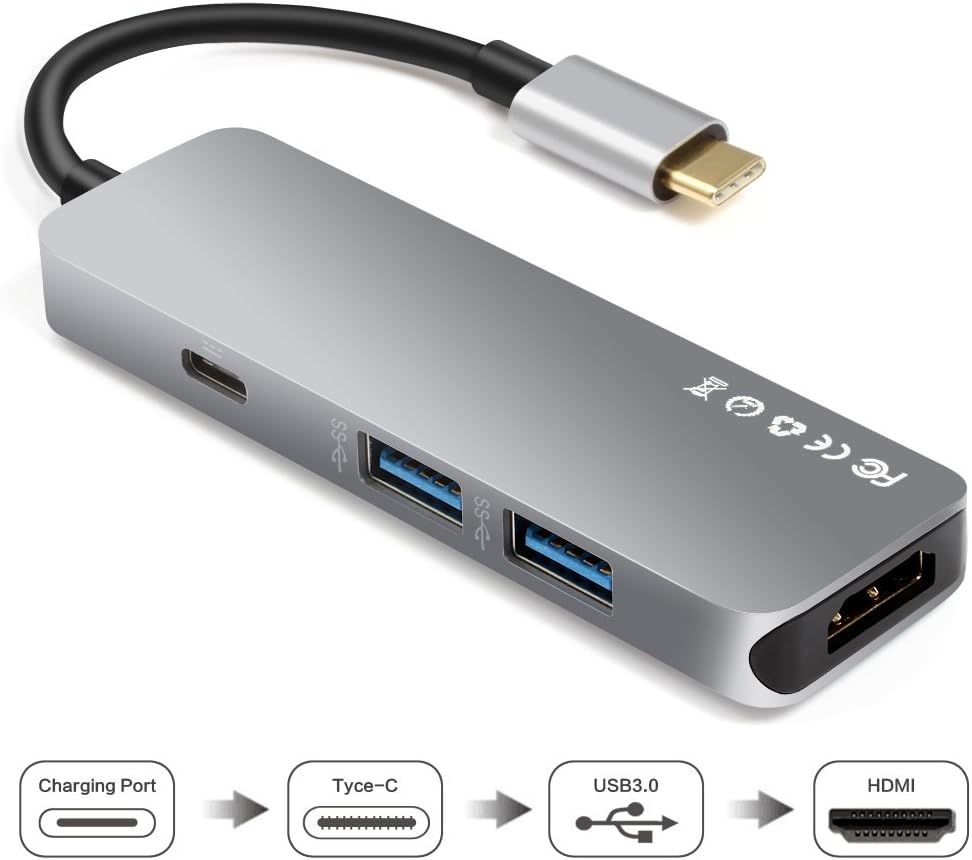 RayCue 4 in 1 Type C to HDMI Adapter, Type C Hub with 4K HDMI Output Port, 2 USB3.0 Ports and Type C Charging Port for MacBook Pro 2015/2016/2017, New MacBook(Grey)