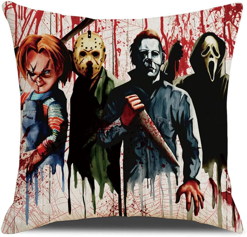 Halloween Horror Movie Characters Pillowcase 18'' x 18'' - Horror Party Pillow Decorative Case for Bedroom, Car, Sofa, Livingroom - Birthday Party Supplies