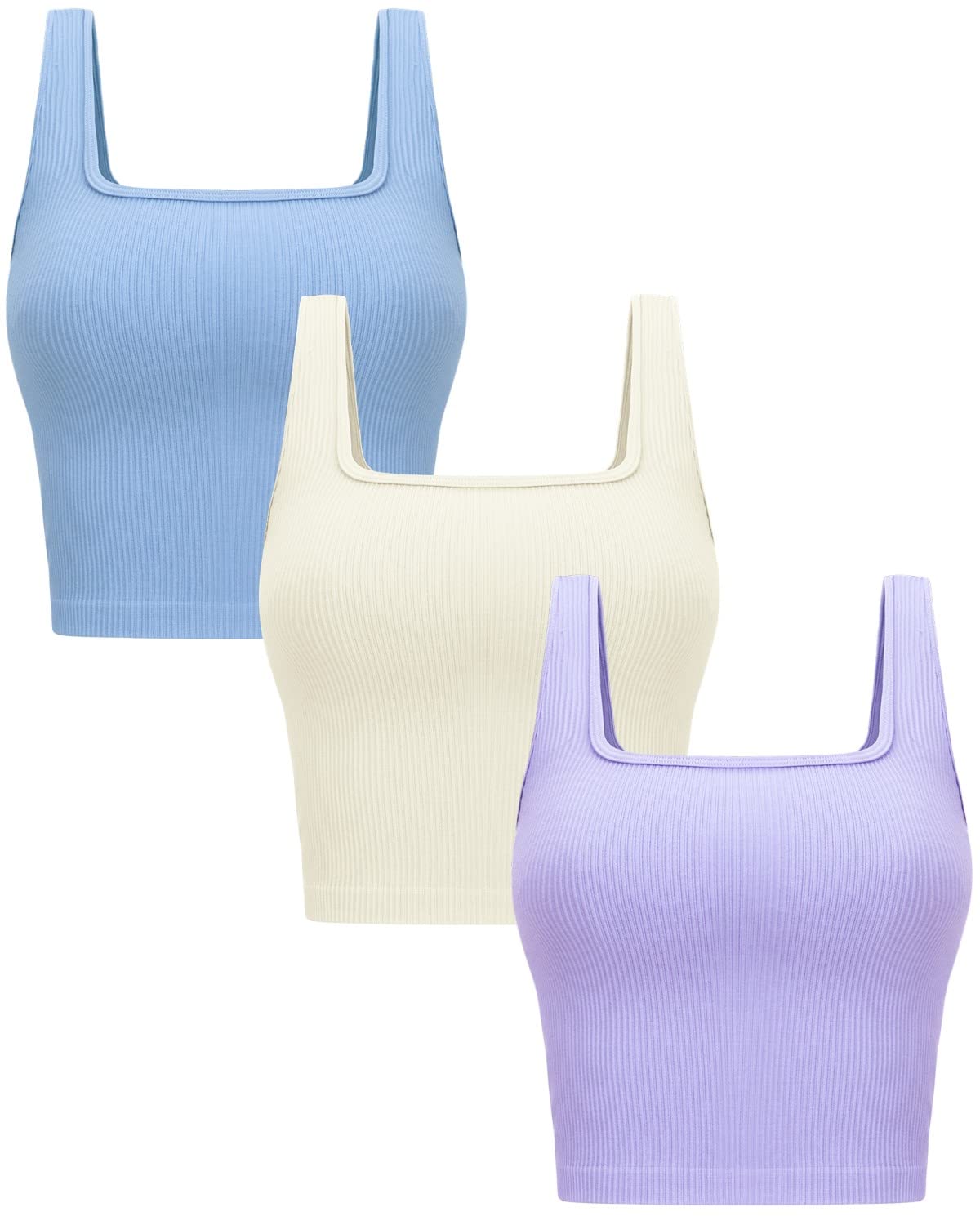 OLCHEEWomens 3 Pack Crop Tank Tops Basic Seamless Ribbed Sleeveless Square Neck Workout Top Summer Exercise Yoga Gym Shirts