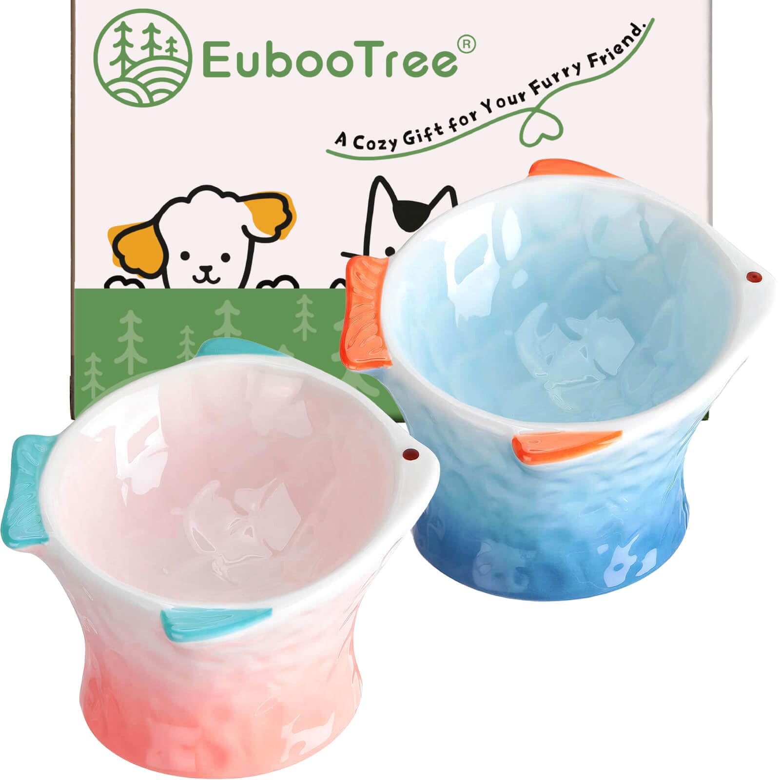 EubooTree Ceramic Raised Cat Food Bowl, Shallow & Tilted, Anti Vomiting and Whisker Fatigue, Non-Slip, Cute Fish Shape Cat Feeding Bowls for Dry and Wet Food, for Kitten, Pink/Blue, 2-Pack