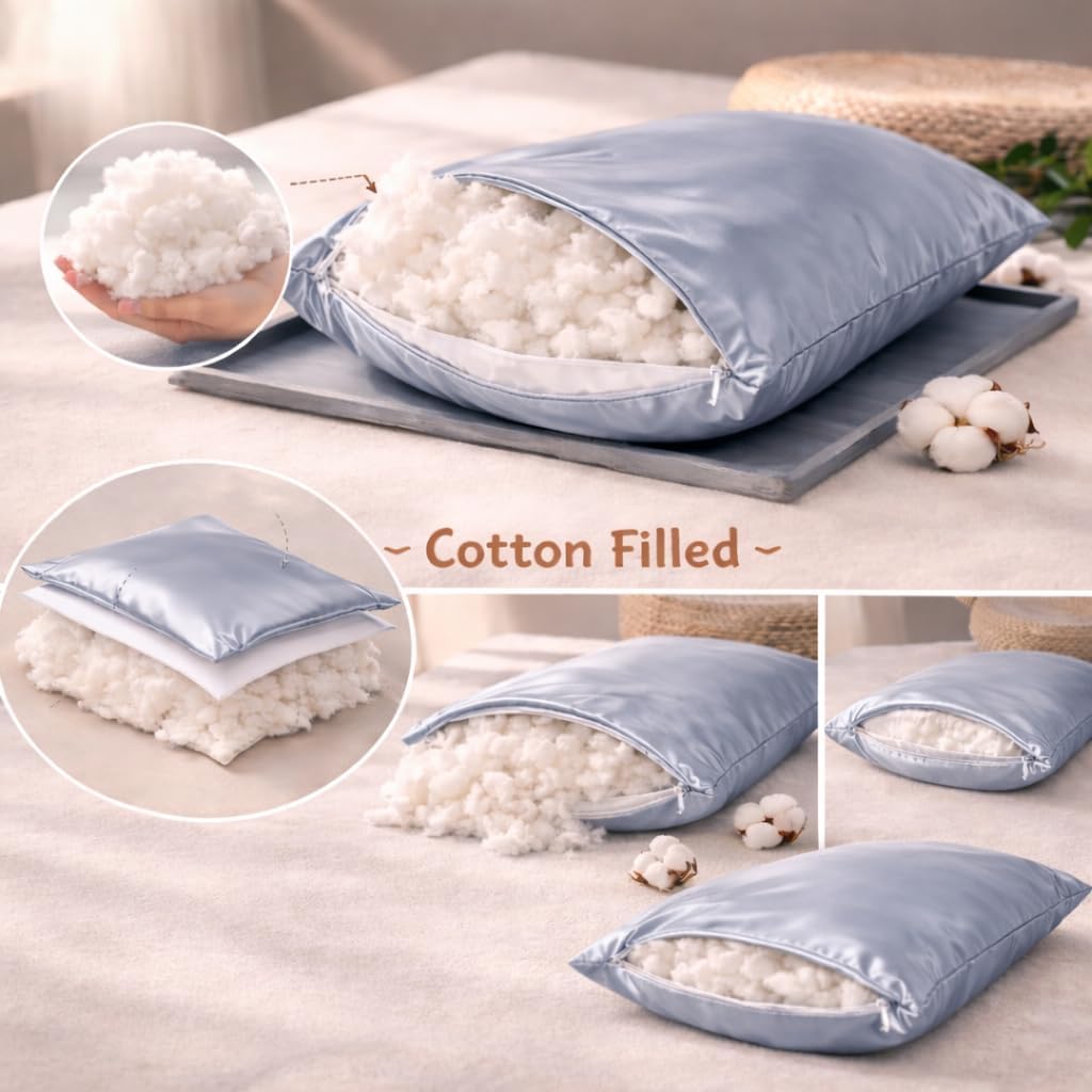 ROSEWARD 100% 22 Momme Mulberry Silk Small Pillow 10"x 13" Made in USA, Organic Cotton Fill, Travel Size Mini Nap Pillow with Silk Pillow Case, Soft Tiny Little Pillow, Hypoallergenic (Blue Grey)