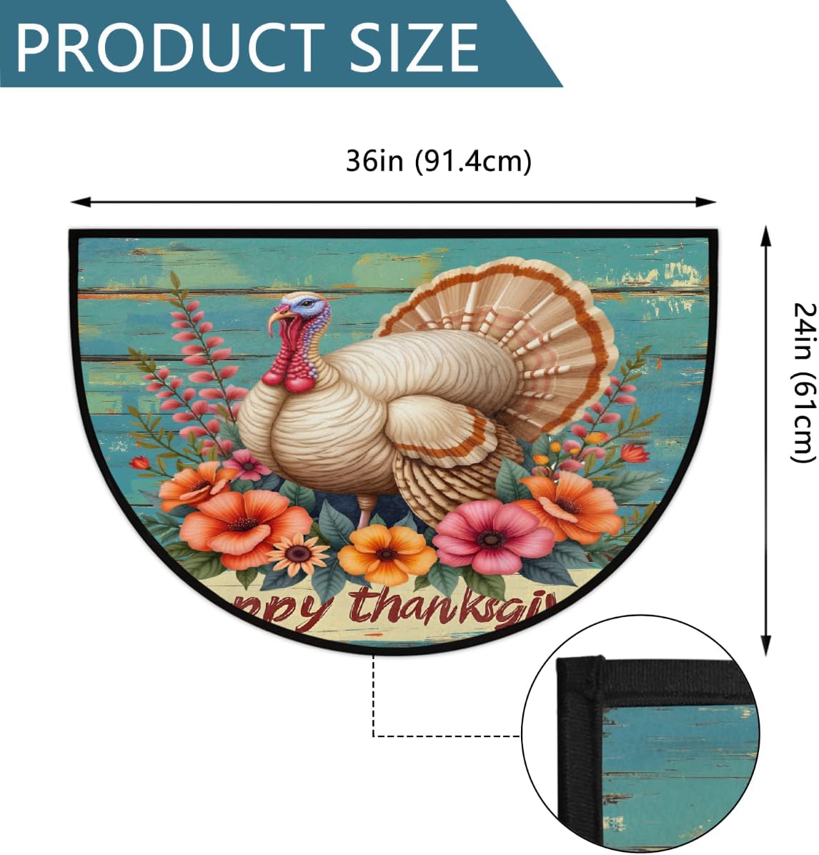 Half Round Door Mat Colorful Thanksgiving Turkey Non Slip Absorbent Semi Circle Area Rugs Washable Half Moon Floor Mats for Indoor Patio Kitchen Bathroom Entryway Fireplace Home Carpet Decor
