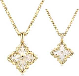 GNIRTSI Gold Necklace for Women Clover Pendant Gemstone Cubic Zirconia 14K Simple Thick Chain Trendy Lucky Jewelry - White Mother of Pearl