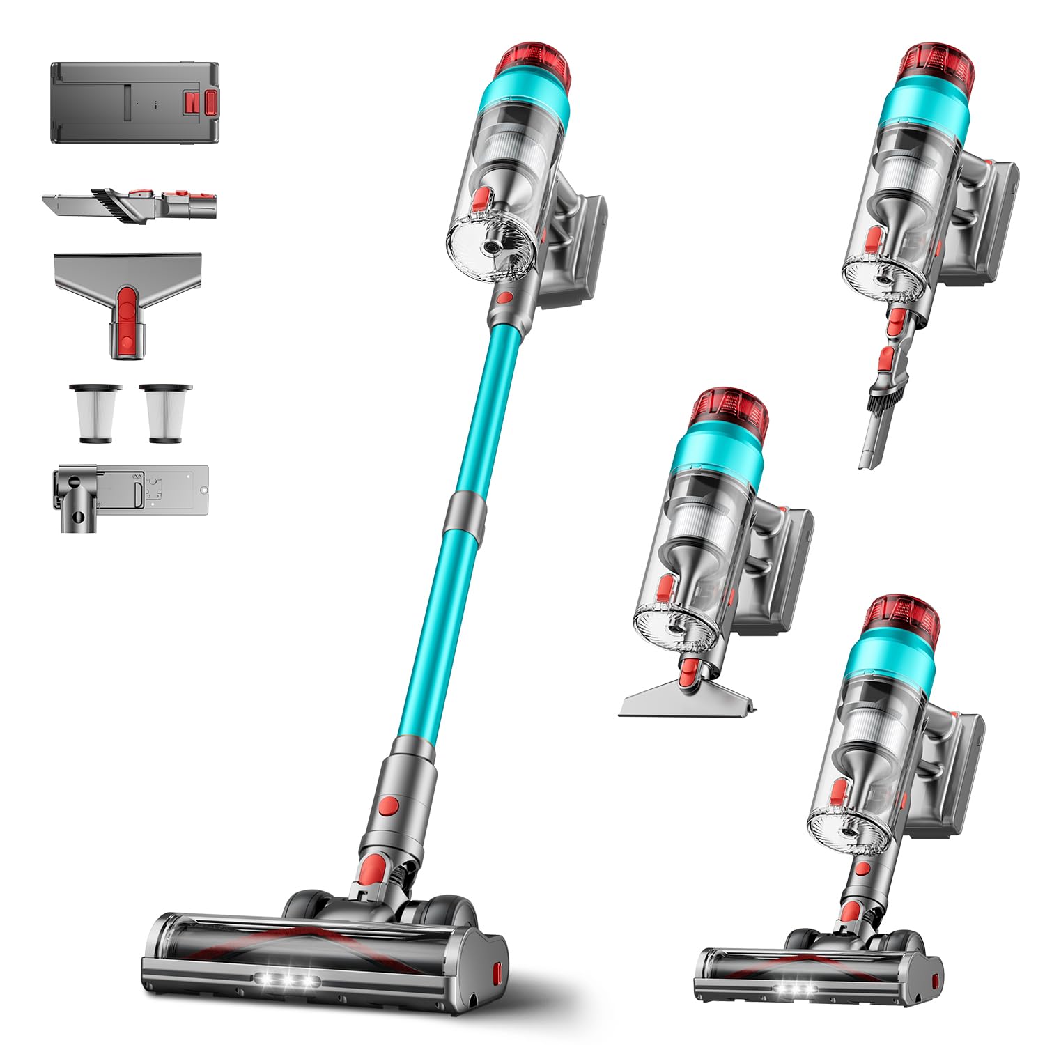60KPa/600W Aspiradora sin Cable, Aspiradora Fregadora Sin Cable Potente hasta 75Mins, con Carga de Pared Smart Screen, Cepillo Antienredos, Alfombra Pelo Mascota Suelo Sofá (Morado) (Verde) (Verde)