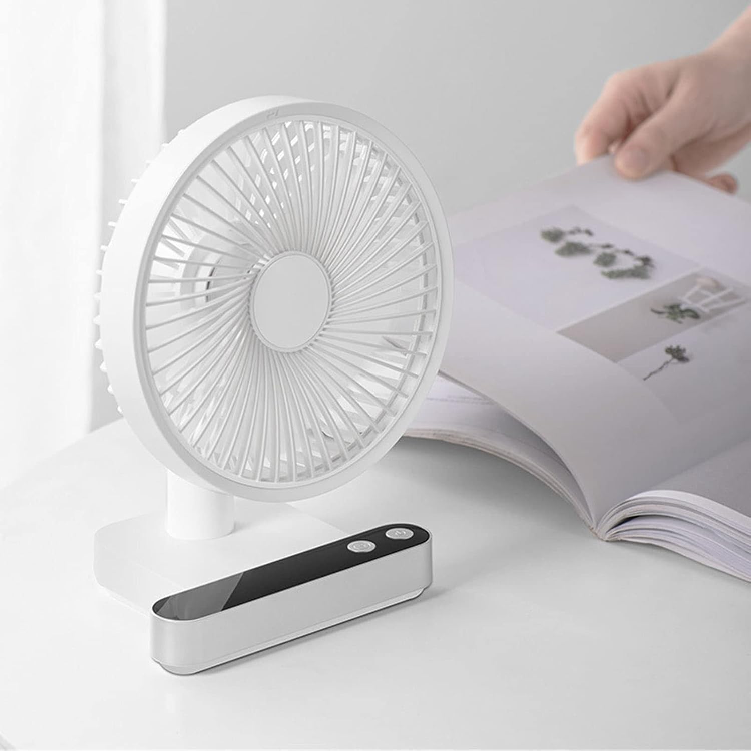 USB Desk Fan 5000mAh Rechargeable Portable Fan with 4 Speeds 180 Auto Oscillation LED Display Quiet Operation for Office Home Travel (White)