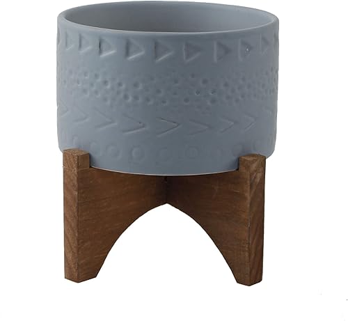 Miniatura 10 de Flora Bunda Mid-Century - Maceta de cerámica con textura de hombre de las cavernas de 5 pulgadas en soporte de madera, marfil cavernícola, 5 pulgadas