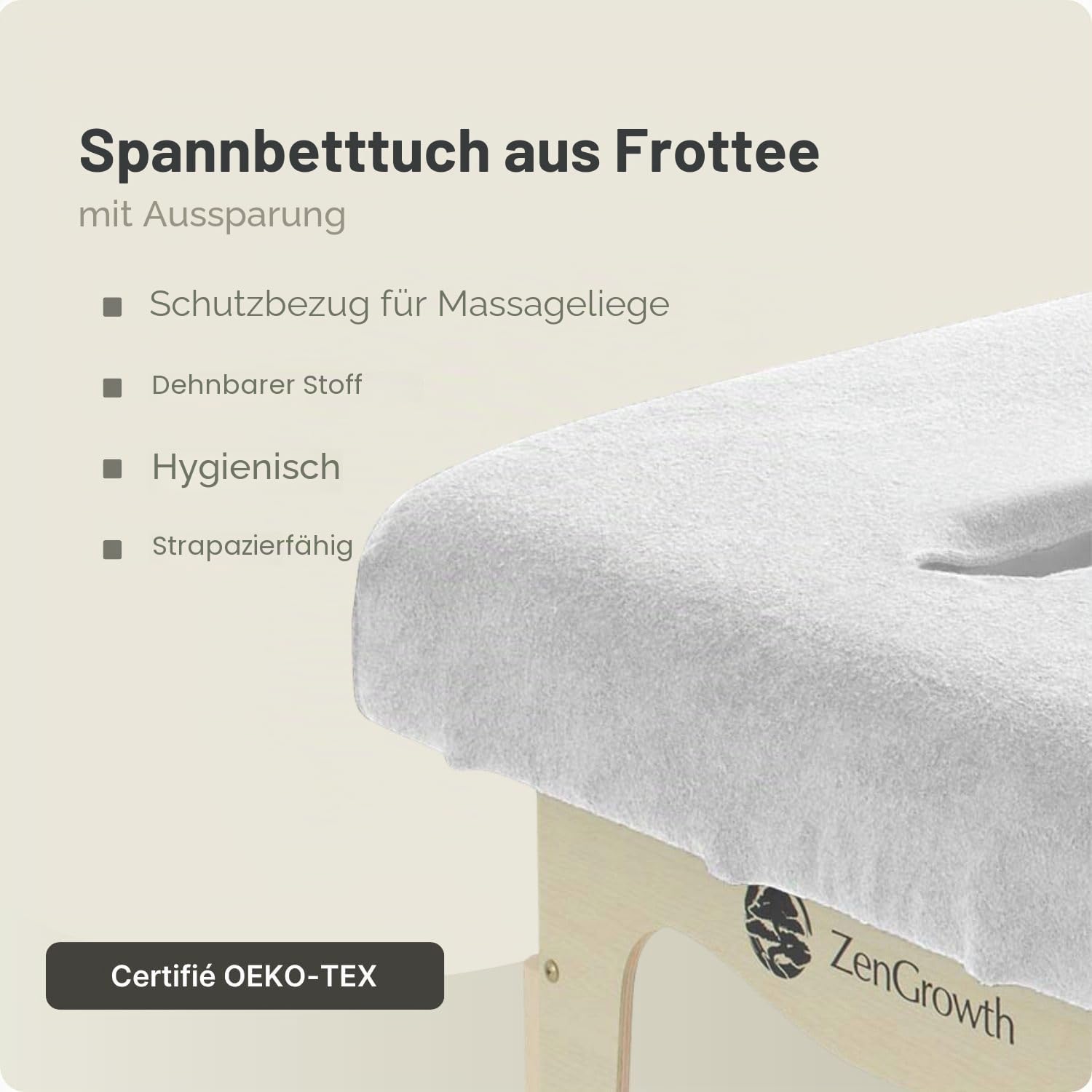 Spanbezug für Massageliege mit Gesichtsaussparung | Oeko TEX 100 | 63cm x 71cm x 185cm | Für alle Massage- oder Behandlungstische (Weiß)