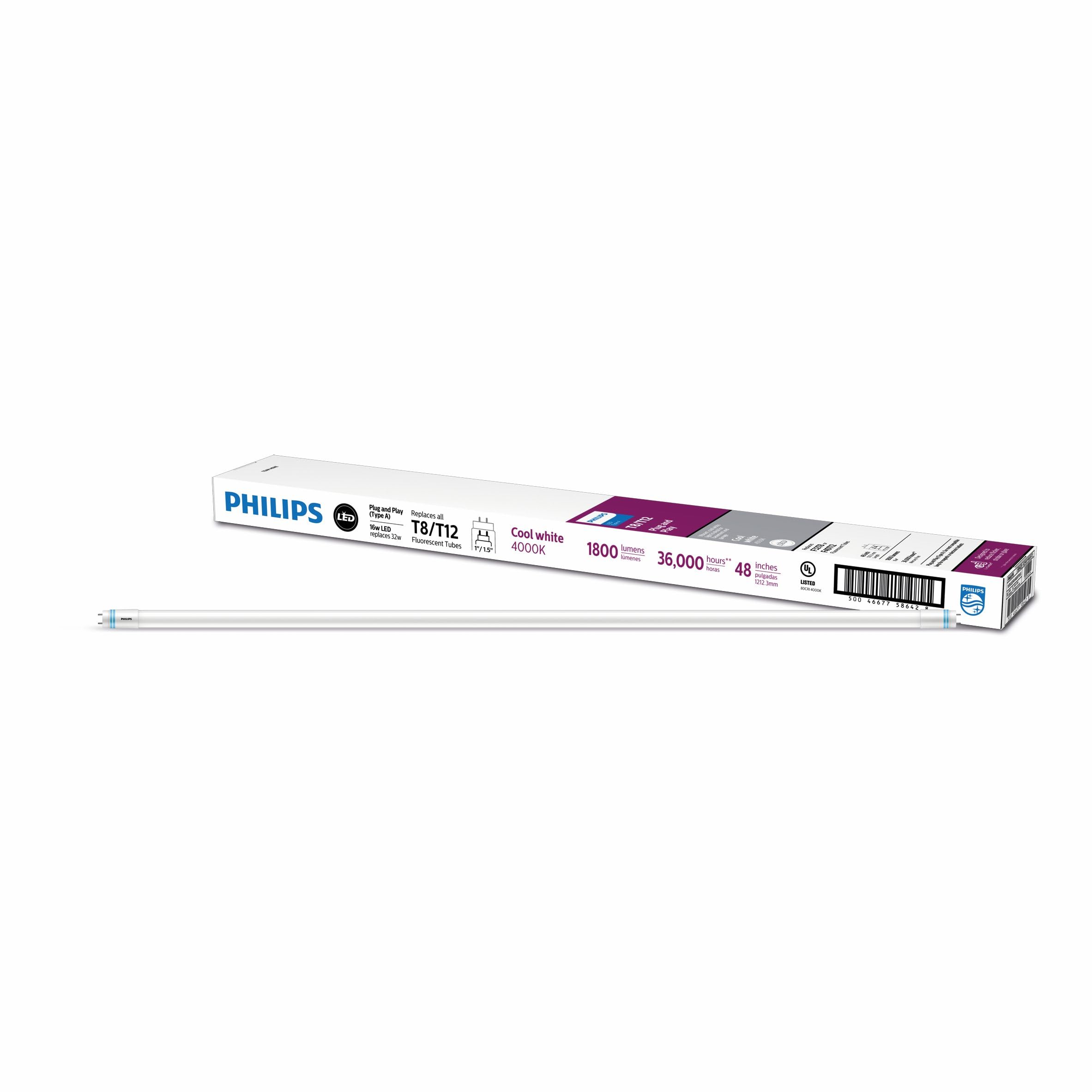 PHILIPS Plug and Play 32W Equivalent 48 in. Cool White Type A T8/T12 LED Tube Light Bulb (10-Pack)