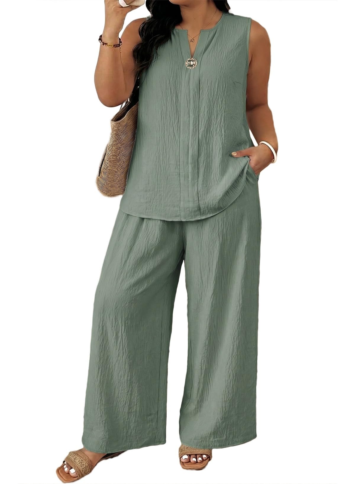 Eytino Plus Size 2 Piece Sets for Women Summer Travel Vacation Outfits Sleeveless Tops Wide Leg Pants Matching Sets(1X-5X)