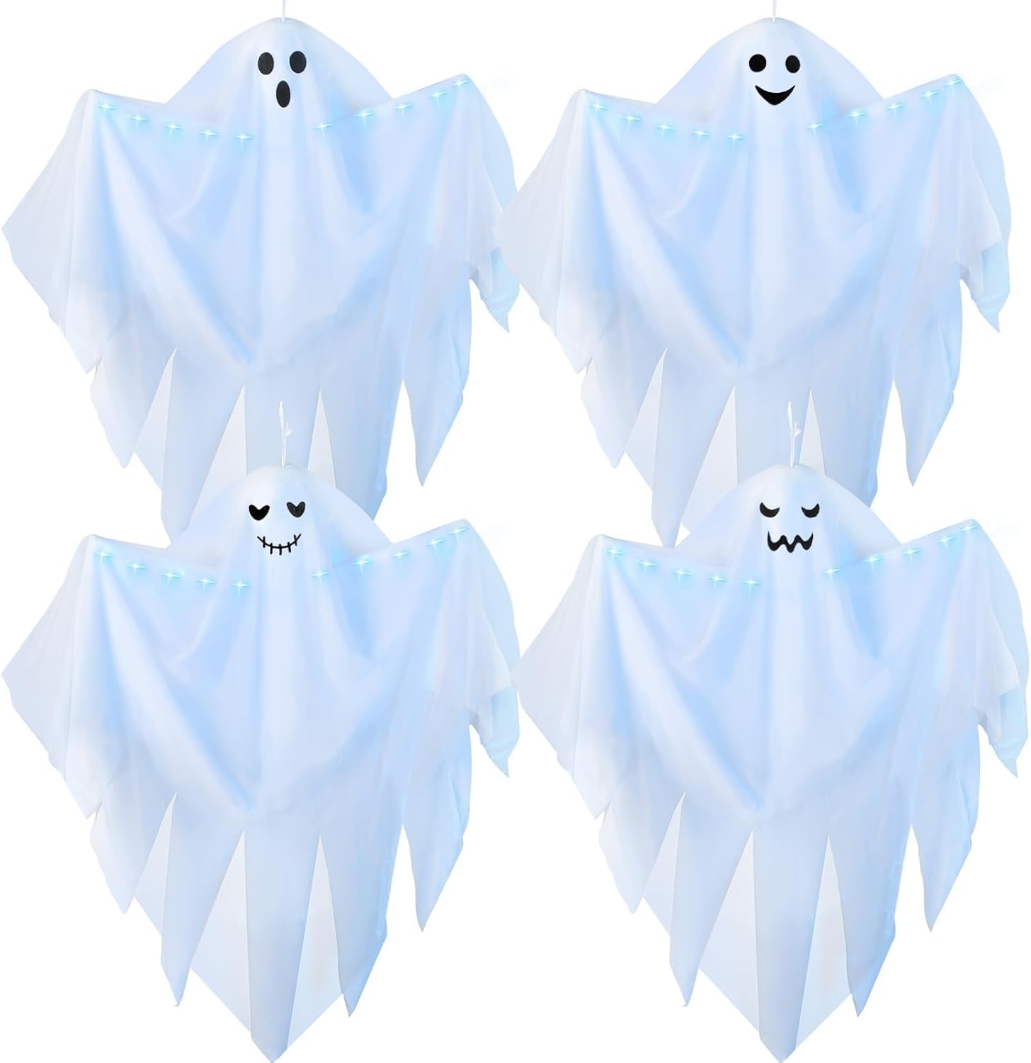 4 Pack Halloween Light up Hanging Ghost Decoration Outdoor, Cute Halloween Decor 31.5" Flying Ghosts with Blue LED Light and Timer for Front Yard Porch Patio Lawn Garden Party Decor Indoor Outdoor