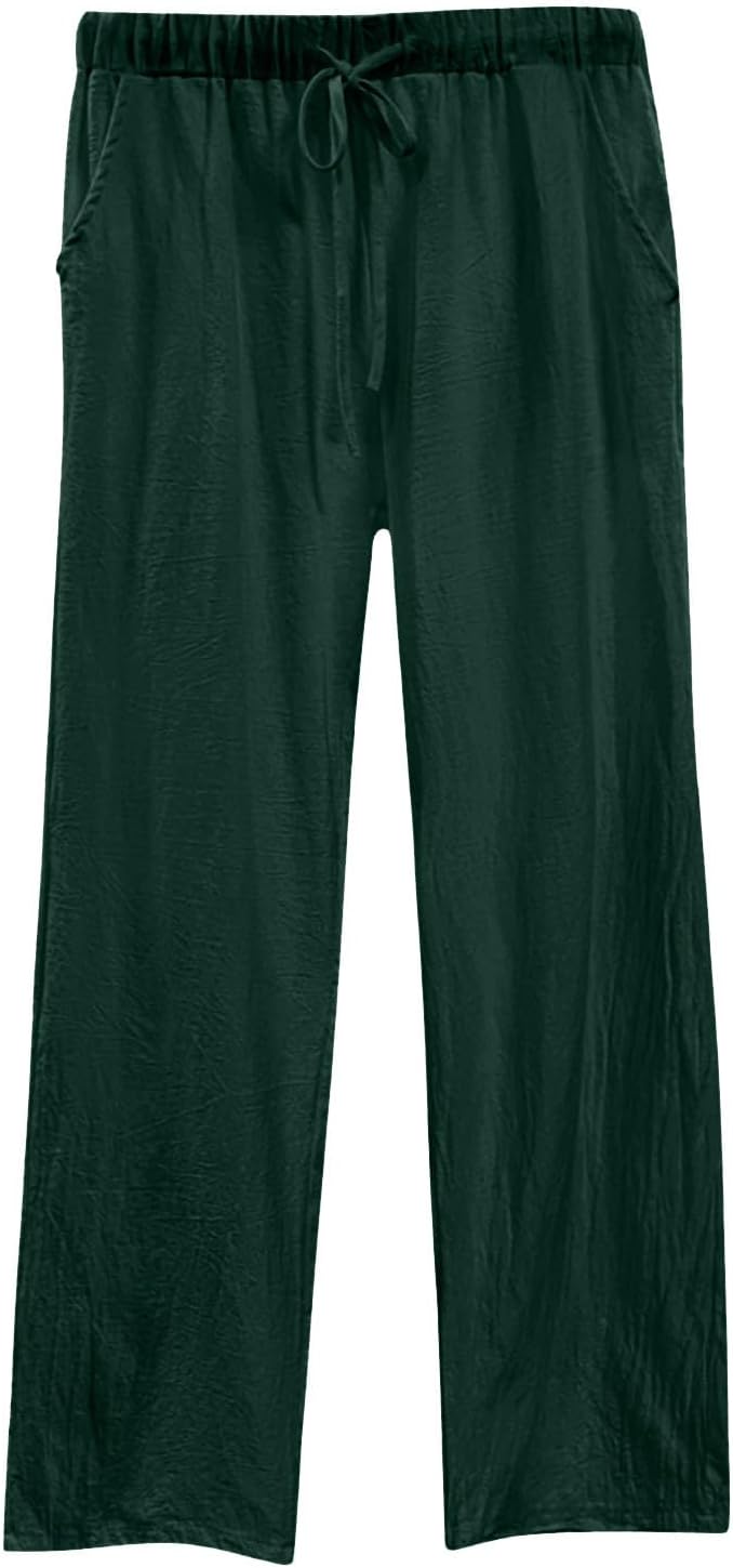 Womens Cotton Linen Palazzo Pants Casual High Waisted Drawstring Beach Pant Wide Leg Trousers with Pockets