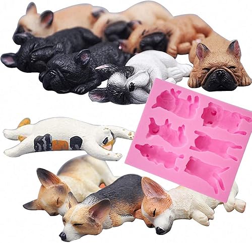 Miniatura 5 de Fewo Molde de silicona de 6 cavidades para perro durmiendo Corgi y Bulldog Francés para fondant Chocolate Candy Gum Pasta Polímero Resina Arcilla