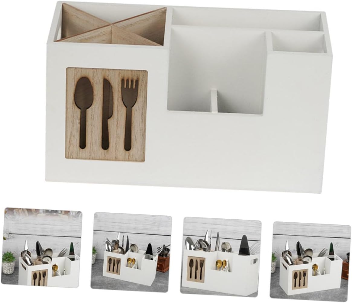 Mobestech Wooden Cutlery Storage Box Utensil Organizer Spoon Holder Kitchen Holder Multifunctional Wooden Kitchen Organizer for Dining Table and Home Use