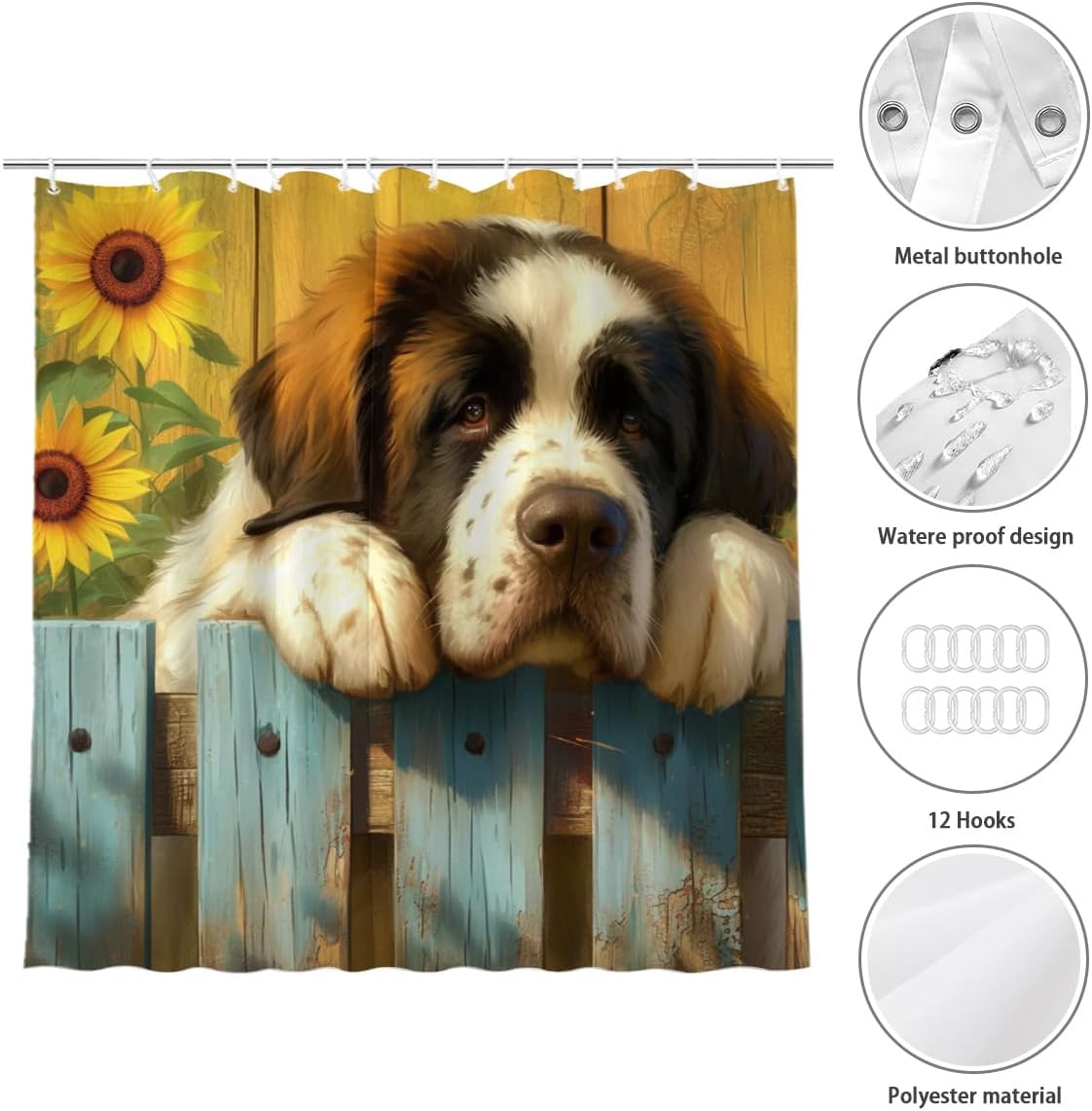 Sunflower Shower Curtain with 12 Hooks Floral Fabric Decorative Bathroom Saint Bernard Dog Shower Curtain Set for Summer Rustic Botanical Flower Bathroom Decor 72"x72"