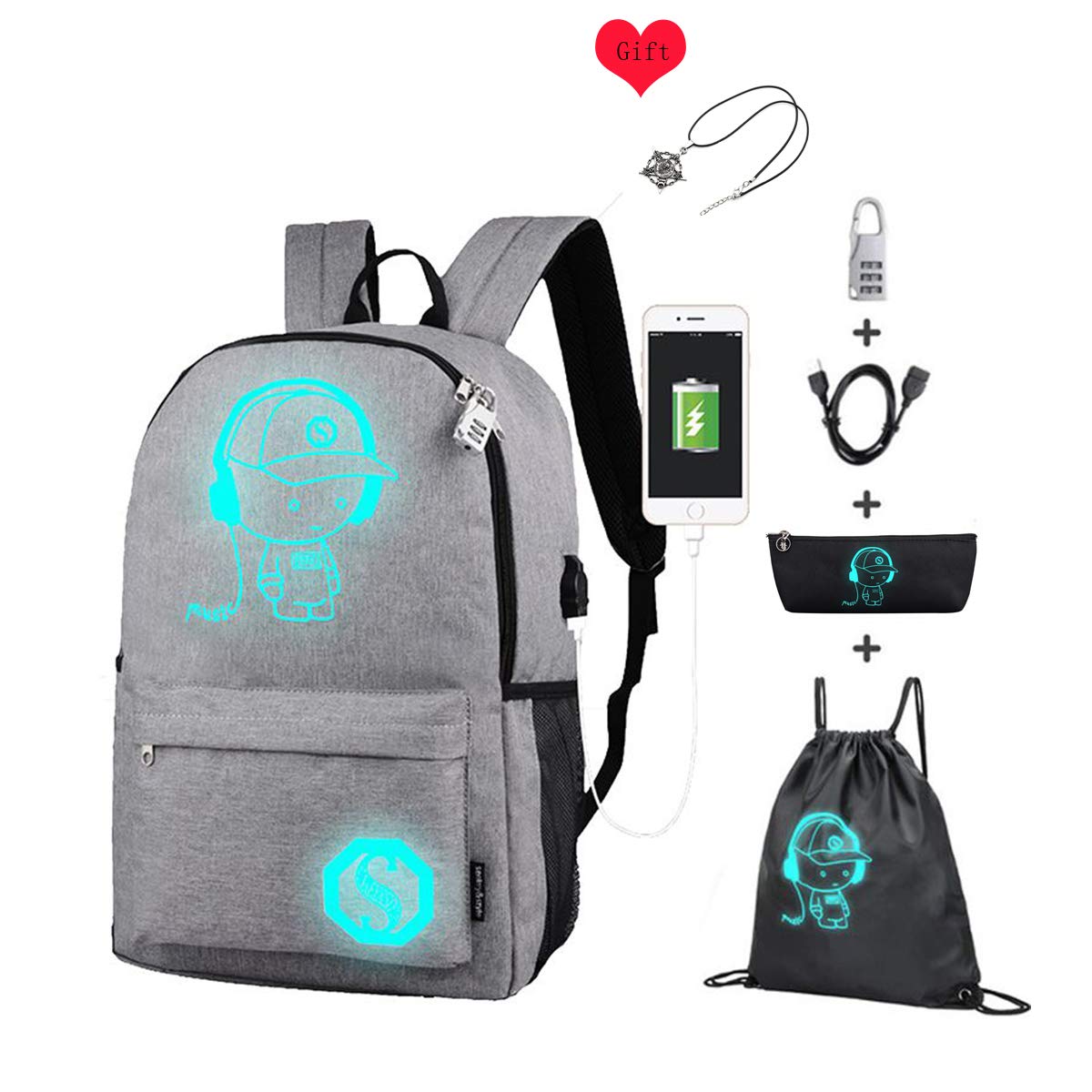 HUZAIBB Anime Luminous Backpack Noctilucent School Bags Daypack USB  Chargeing Port Laptop Bag Handbag
