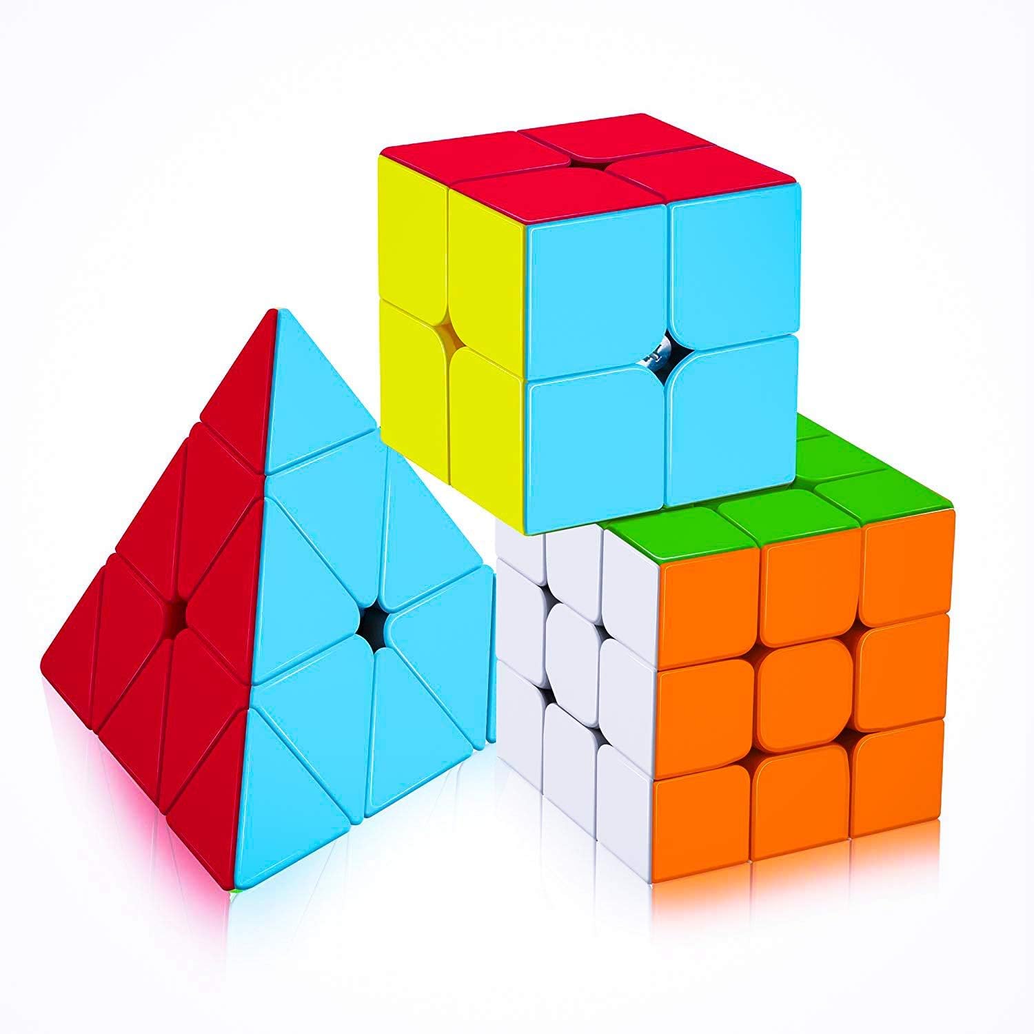 D ETERNAL Cube Combo Set of 2x2, 3x3 and Pyramid Pyraminx Triangle High Speed Stickerless Magic Cube Puzzle - ABS Material - Set of 3 Pieces