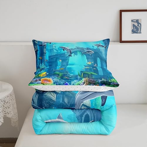 Miniatura 5 de Erosebridal Juego de ropa de cama 3D con diseño de mundo submarino y peces de playa, color azul marino, tamaño Queen, relleno de edredón de delfín