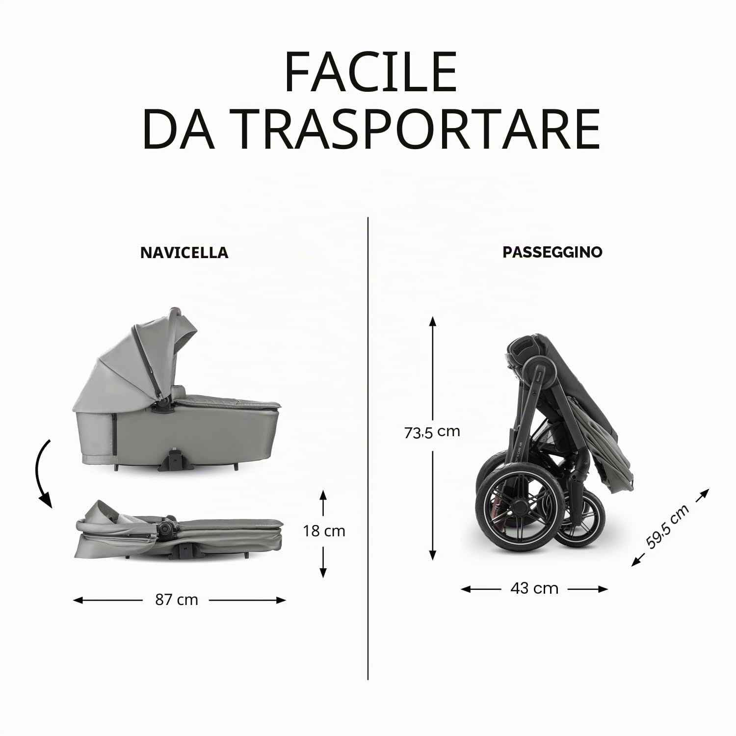 hauck Comfort N Care Air Set, Dark Grey - Passeggino 2in1 con Ruote ad Aria, Navicella Neonato con Pulsanti Memoria, Seduta Reversibile Reclinabile fino a 22 kg, Coprigambe, Portabibite, Sospensione