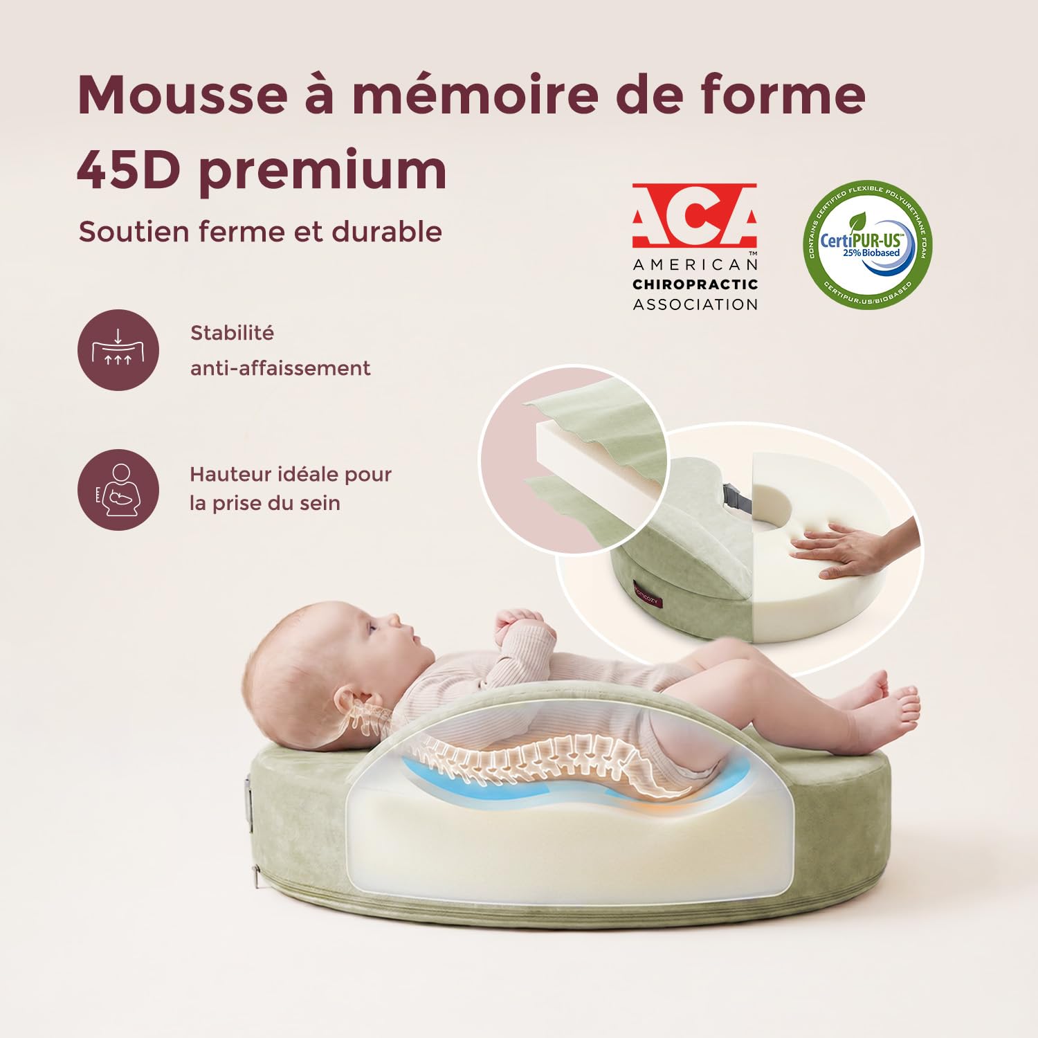 momcozy Coussin Allaitement en Mousse à Mémoire de Forme, Coussin d’Allaitement Ergonomique, Soutien Large et Sangle Réglable, Housse en Coton Amovible, Vert