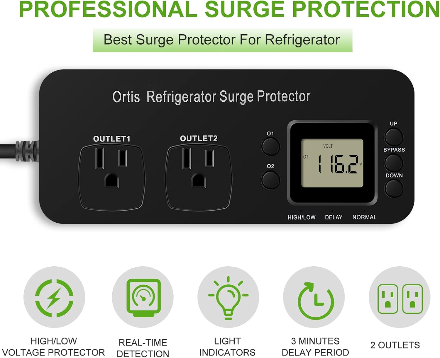 Refrigerator Surge Protector, Ortis Double Outlet Electronic Surge Protector for Home Appliances with Time Delay & Real-Time Electricity Usage Monitor, Protects All Voltage Abnormalities - Image 2