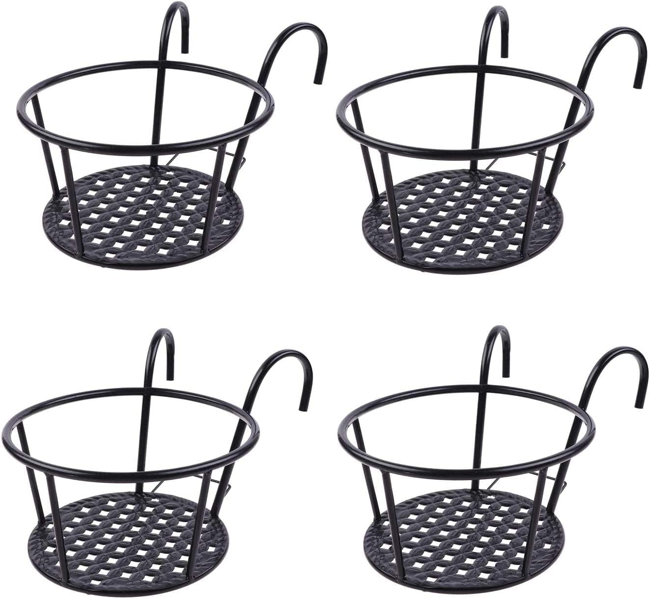MASTON4 Pack Hanging Railing Planters Flower Pot Holders Plant Iron Racks Fence Potted Stand Mounted Balcony Round Plant Baskets Shelf Container Box Pots (Black)