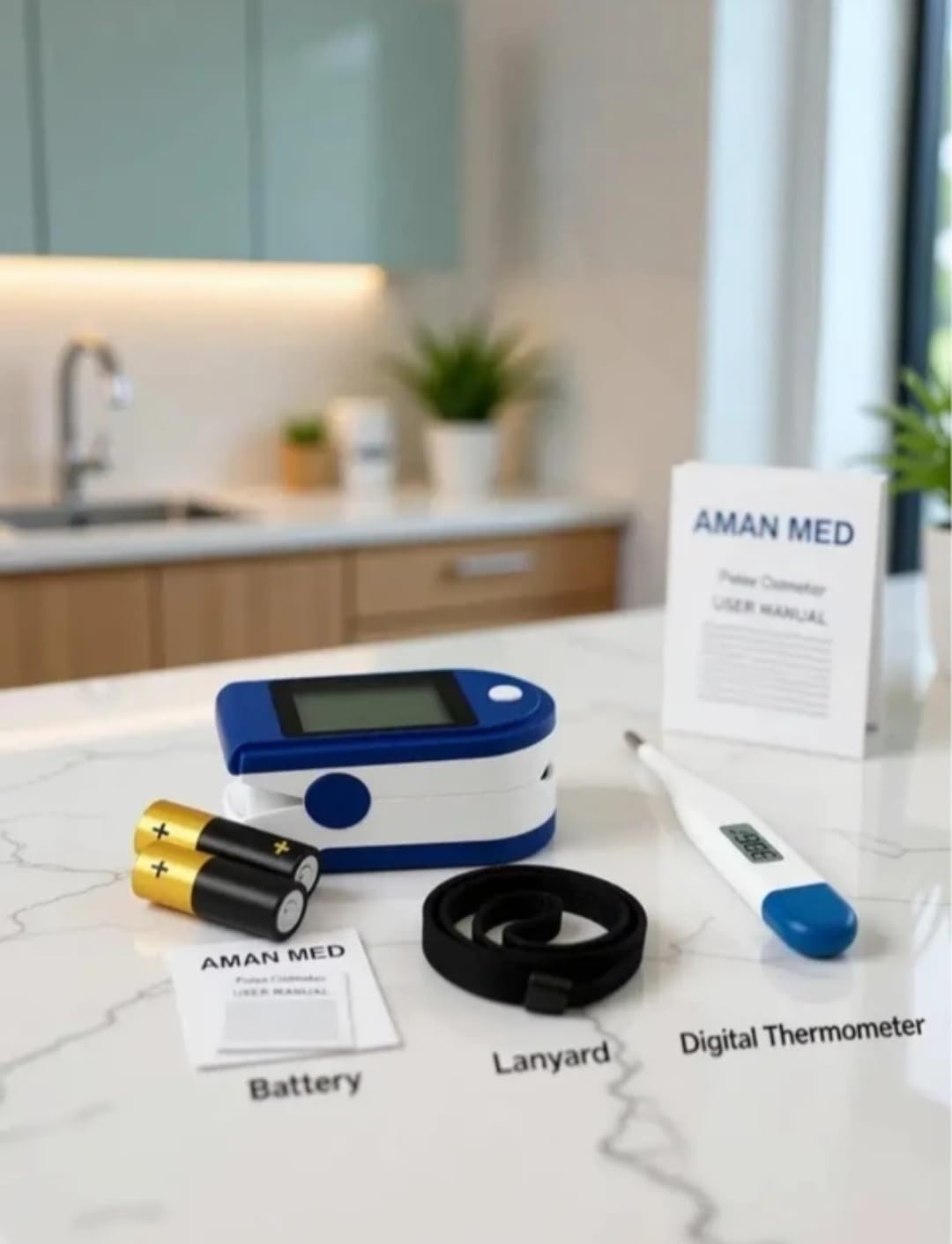 Pulse Oximeter, Blue and White, with Digital Thermometer, Lanyard, and Battery Included-image-25