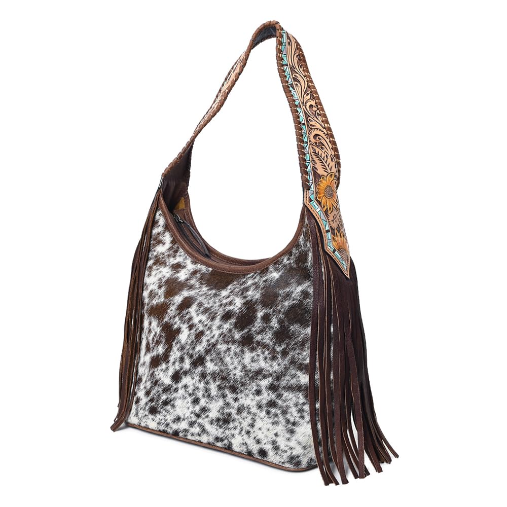 American Darling Hobo Bag for Women, Hand Tooled Floral Leather & Hair-On Cowhide Western Purse with Fringes & YKK Zipper