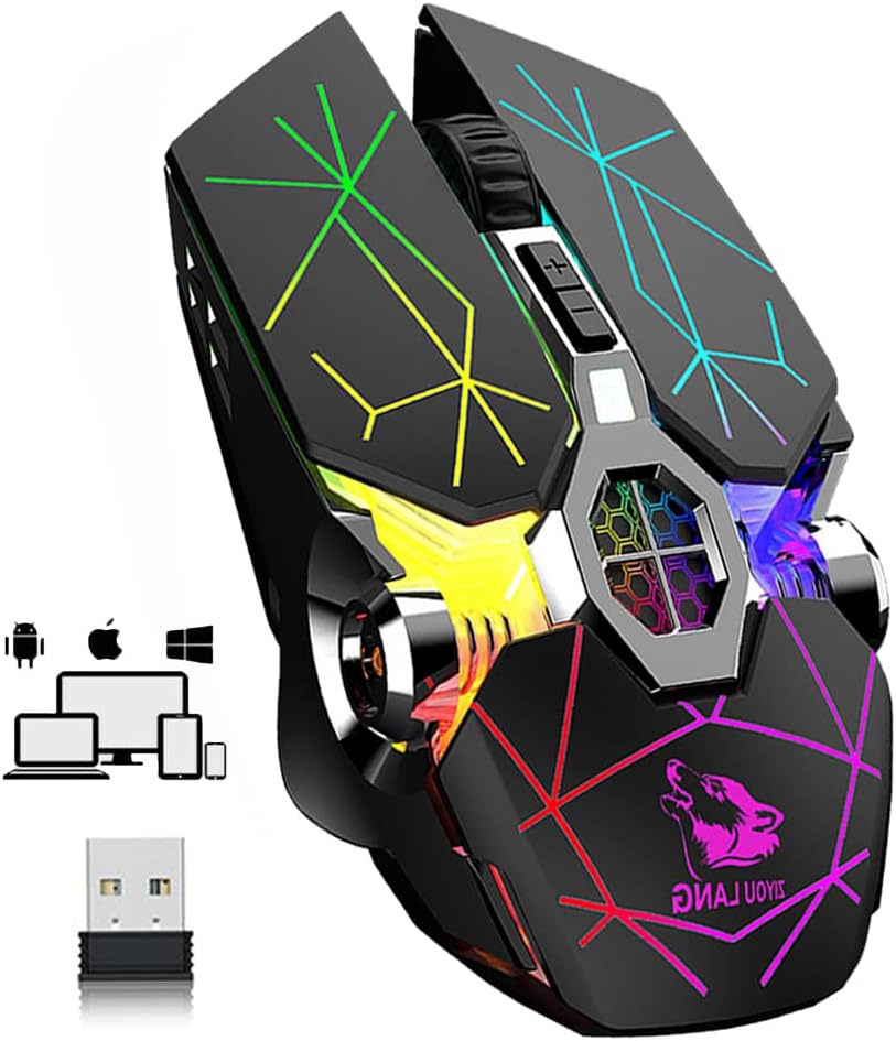 Wireless Gaming Mouse, RGB Multi-Colour Backlit Mice, Rechargeable Silent Mouse, 6 Buttons 2400 DPI Compatible Laptop PC Windows Mac Linux OSX Notebook Office Games Multiple Functions (Star Black)