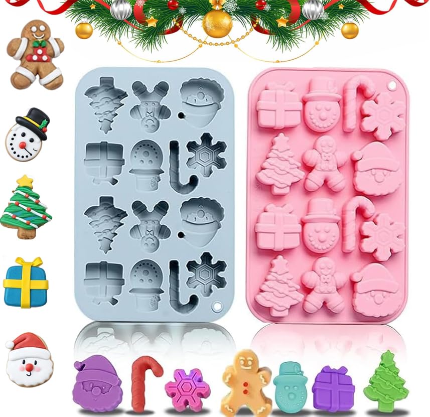 Silicone Mould, 2PCS Christmas Tree Snowman Santa Snow Shapes Cake Moulds Soap Candy Chocolate Muffin Jelly Trays Baking Molds for Xmas New Year Cake Decoration